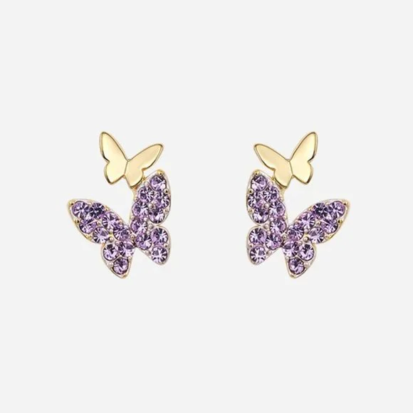🌸Purple Double Butterfly Princess Cut CZ Earrings for Women, GPMB1543 - Picture 2 of 3